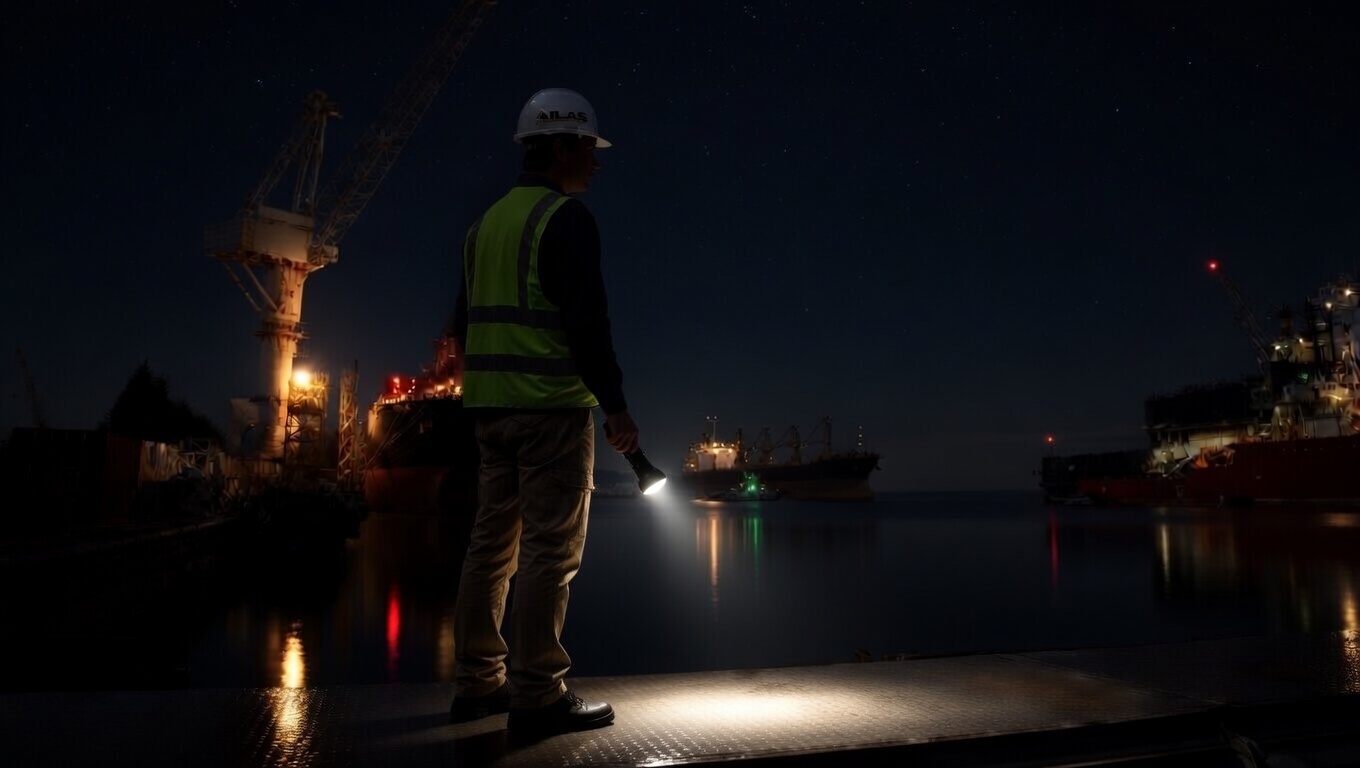 Atlas agent on the dock at night, monitoring vessel ops under a moonlit sky