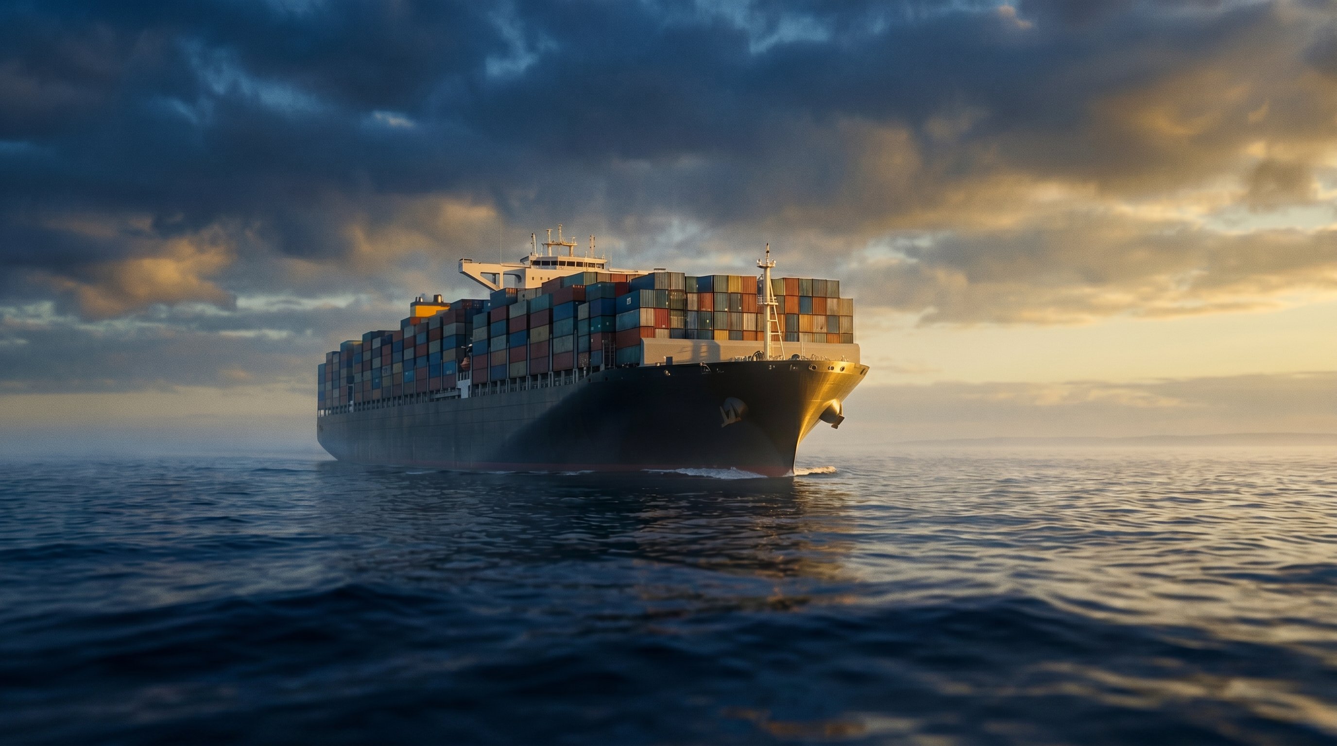 Container ship crossing open ocean at dawn