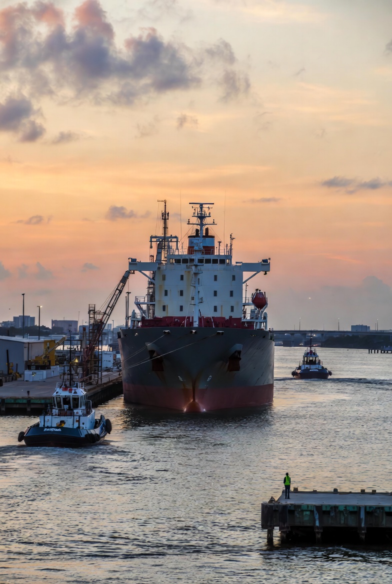 Commercial port at blue hour with container terminals and gantry cranes